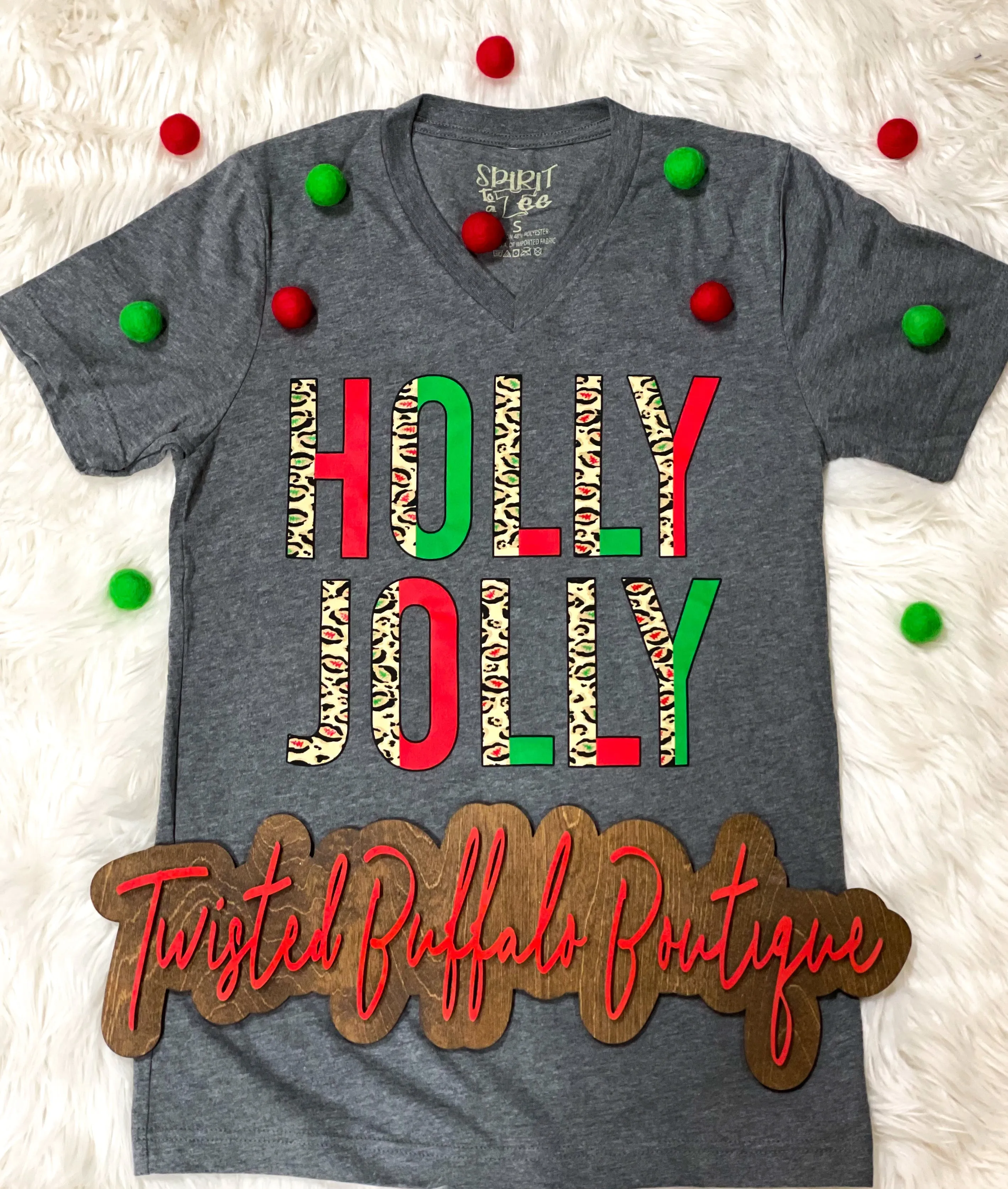 {100% HOLLY   JOLLY} Red, Green   Leopard Gray V-Neck Tee