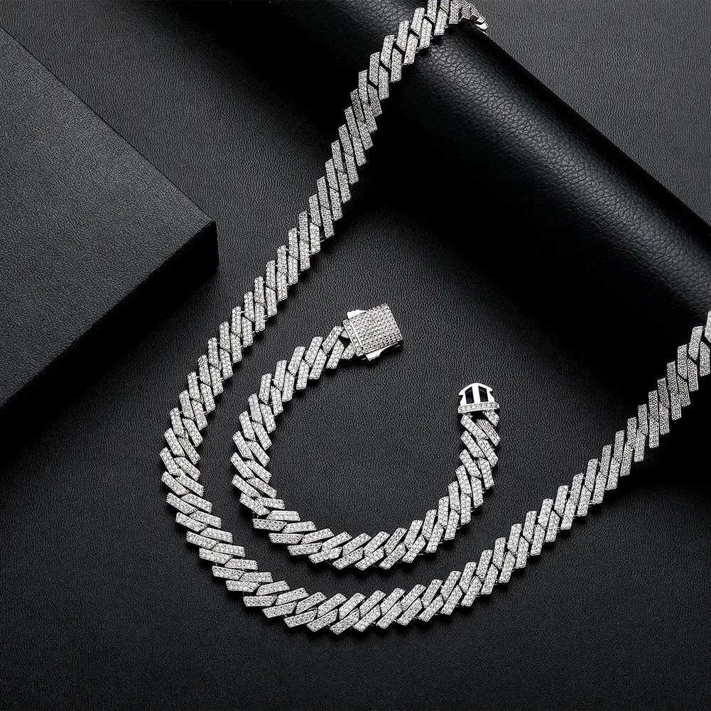 14mm Diamond Prong Cuban Chain in White Gold