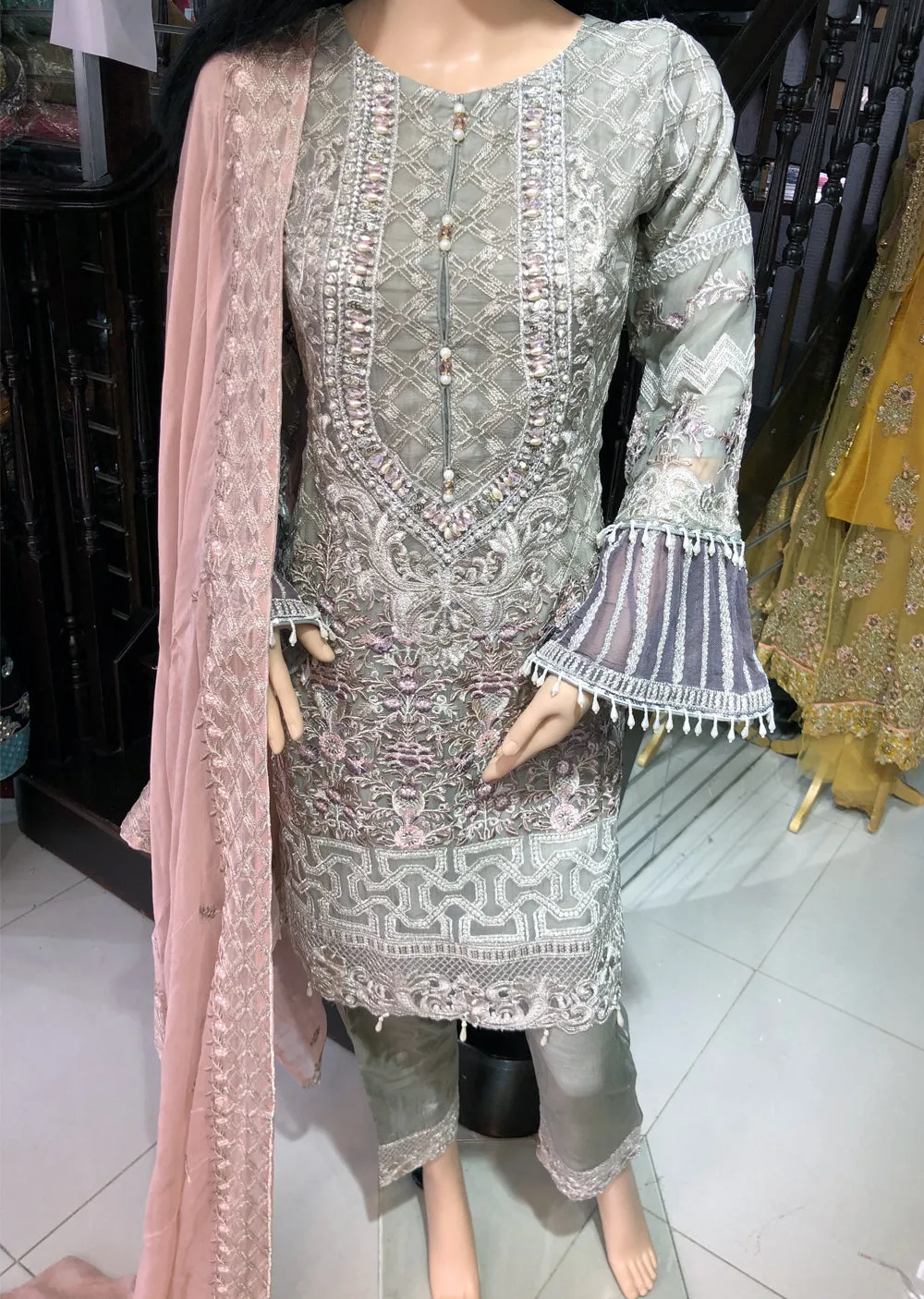 1515 Readymade Grey Pakistani Chiffon Suit