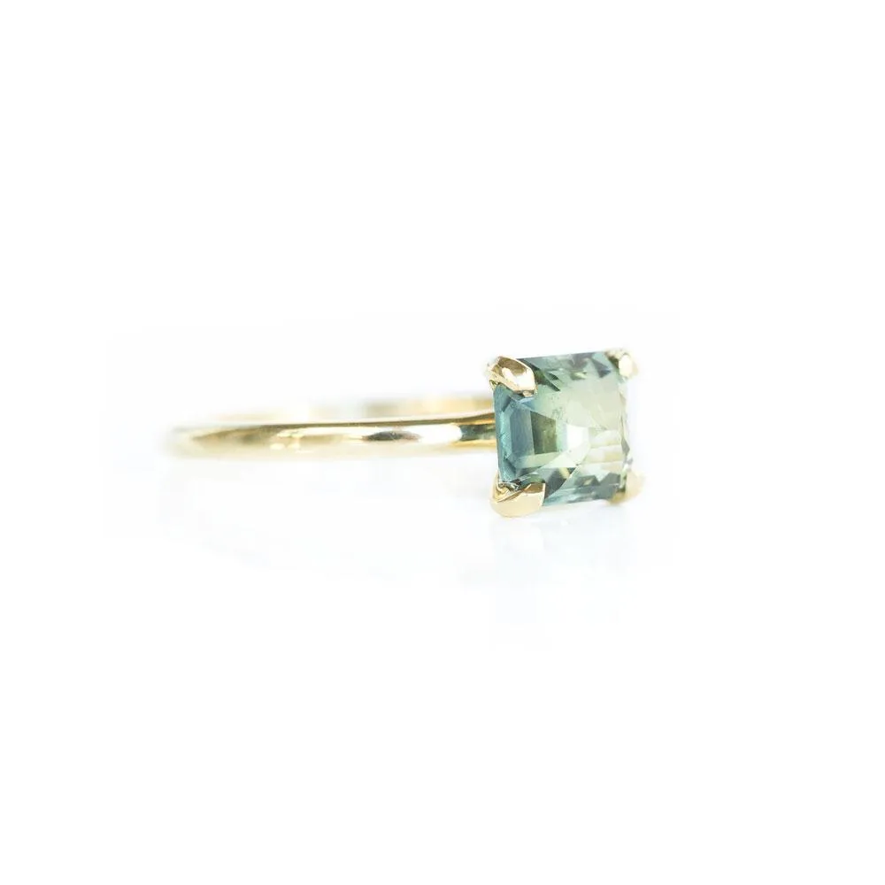 1.84ct Inverted Blue Green Emerald Cut Sapphire in 18k Yellow Gold Prong Setting