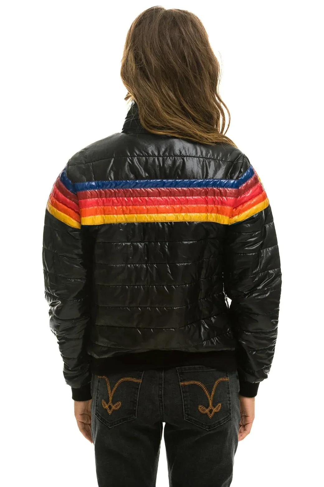 5 STRIPE RAINBOW SLEEVE  JACKET - GLOSSY BLACK