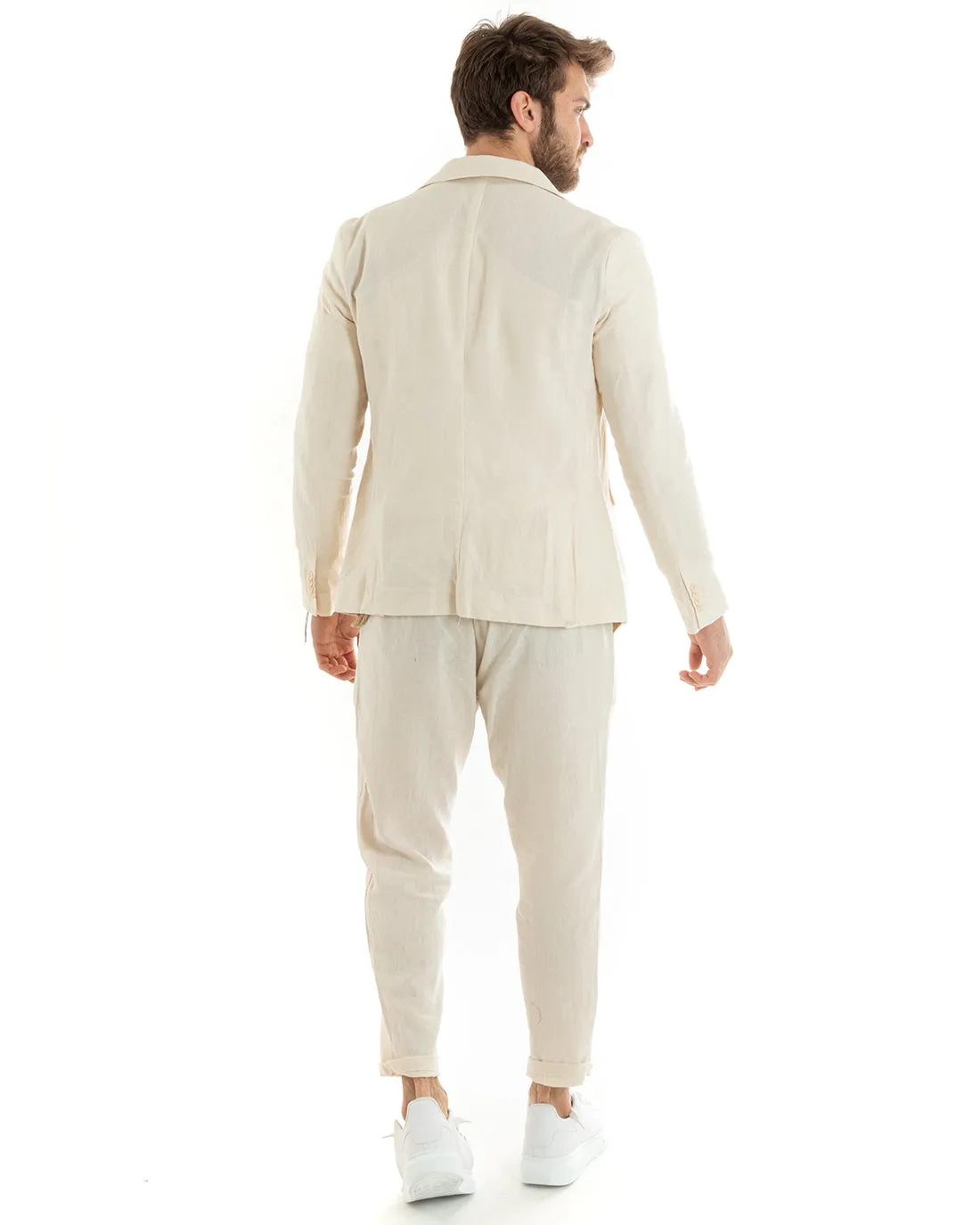 Abito Uomo Monopetto Completo Lino Sartoriale Giacca Pantaloni Tinta Unita Beige GIOSAL-OU2322A