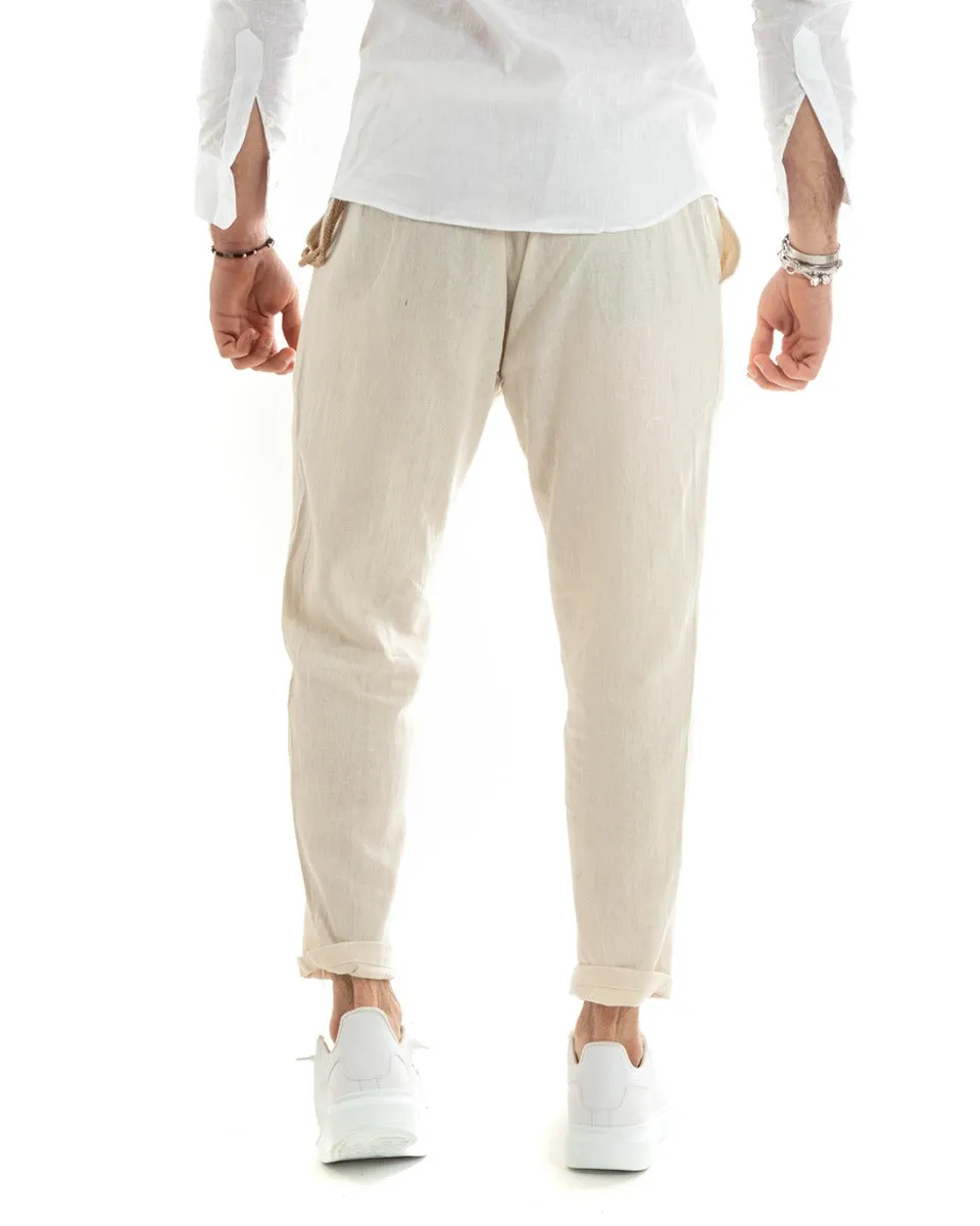 Abito Uomo Monopetto Completo Lino Sartoriale Giacca Pantaloni Tinta Unita Beige GIOSAL-OU2322A