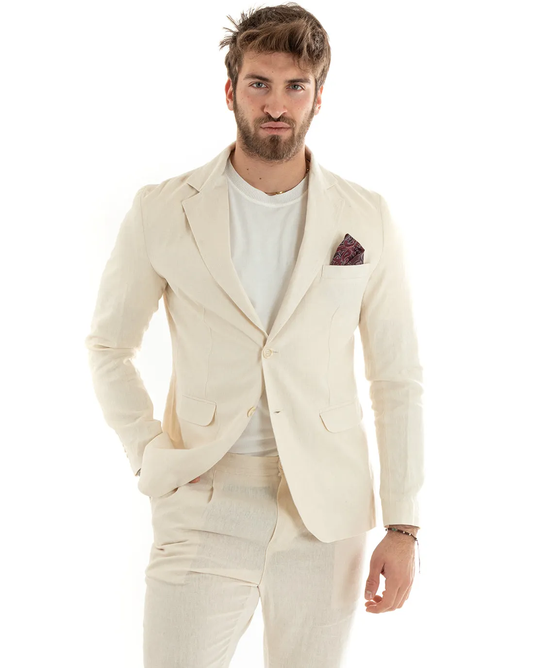 Abito Uomo Monopetto Completo Lino Sartoriale Giacca Pantaloni Tinta Unita Beige GIOSAL-OU2322A