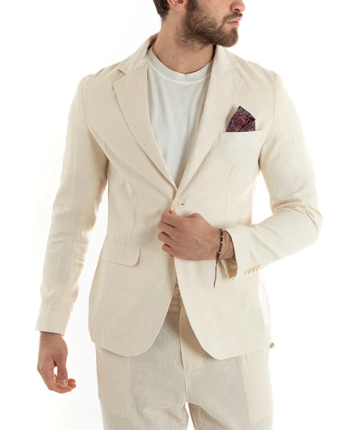 Abito Uomo Monopetto Completo Lino Sartoriale Giacca Pantaloni Tinta Unita Beige GIOSAL-OU2322A