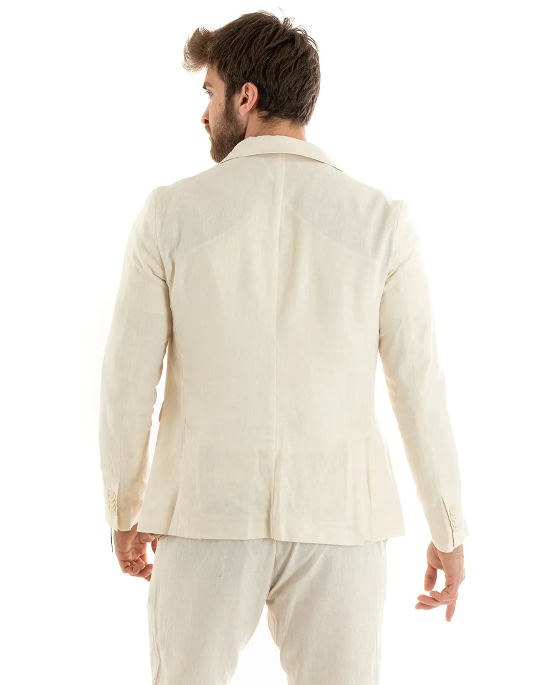 Abito Uomo Monopetto Completo Lino Sartoriale Giacca Pantaloni Tinta Unita Beige GIOSAL-OU2322A