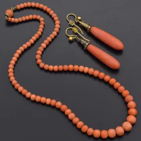 Antique 14K Yellow Gold Red Coral Beaded Necklace & Drop Earrings Set