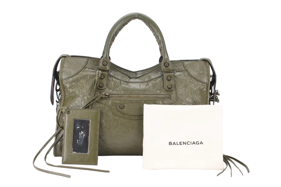 BALENCIAGA 115748 CITY BAG GREEN LEATHER GOLD HARDWARE 3365 E 535269 WITH DUST COVER