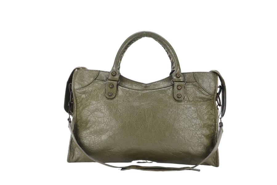 BALENCIAGA 115748 CITY BAG GREEN LEATHER GOLD HARDWARE 3365 E 535269 WITH DUST COVER