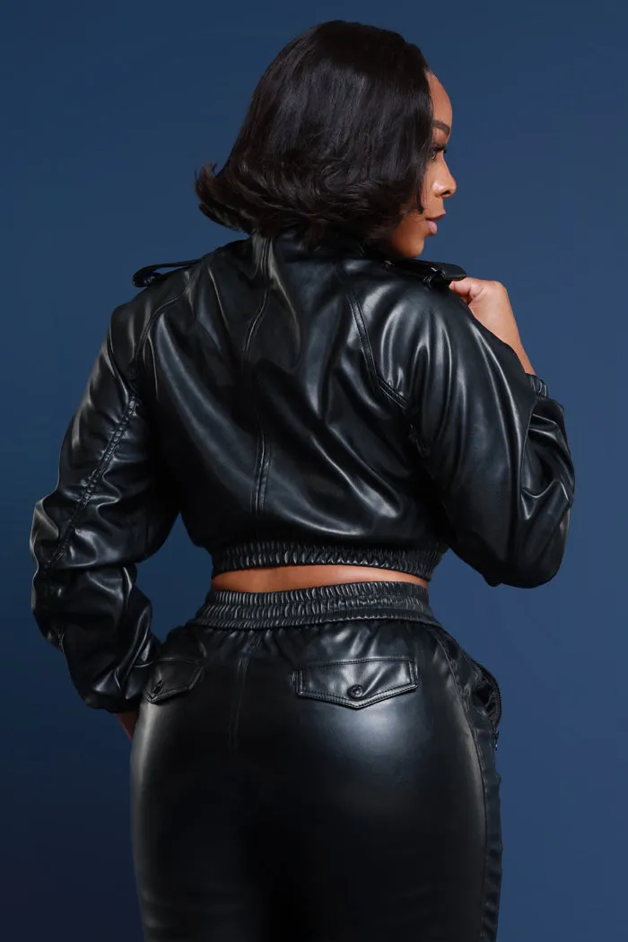 Behind Bars Cropped Vegan Faux Leather Jacket - Black