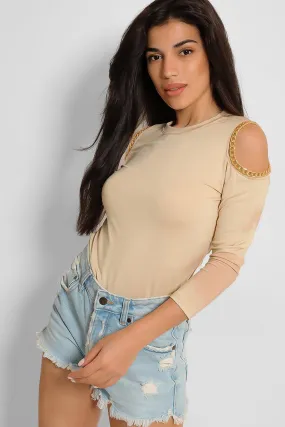 Beige Chain Trim Cold Shoulder Slinky Top