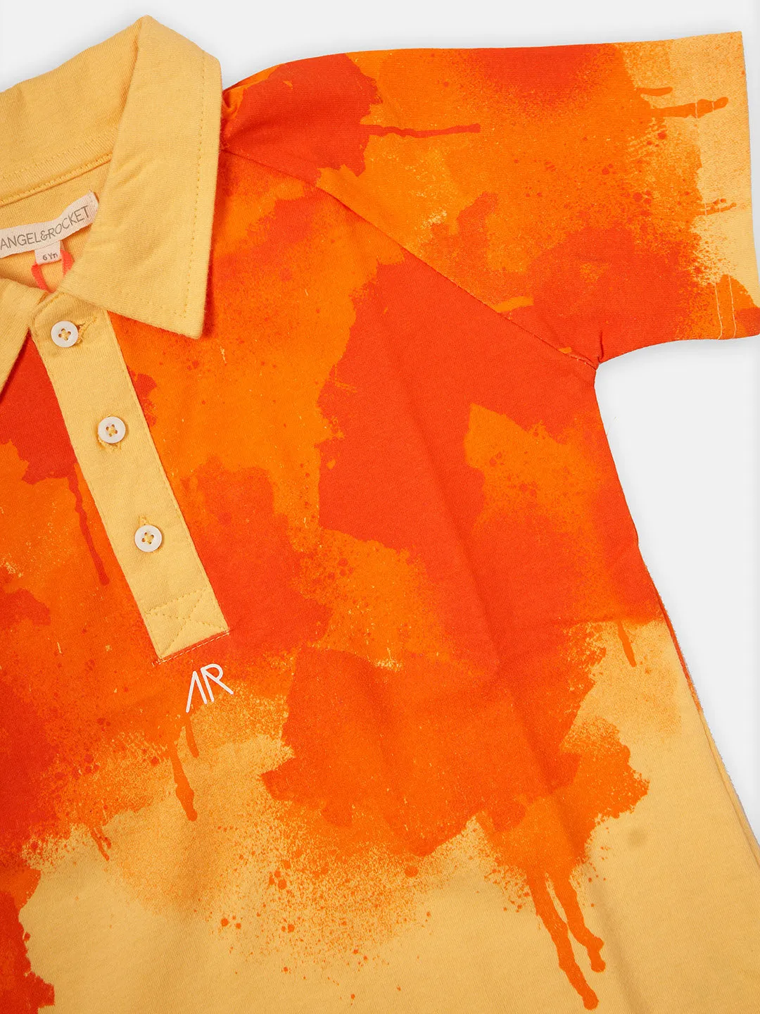 Boys Paint Splat Printed Polo Collar Orange T-Shirt