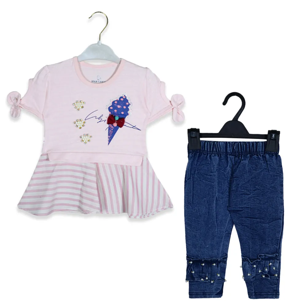 C1766 HIGH CHASE Pink Frock with Denim 2-Pcs Set