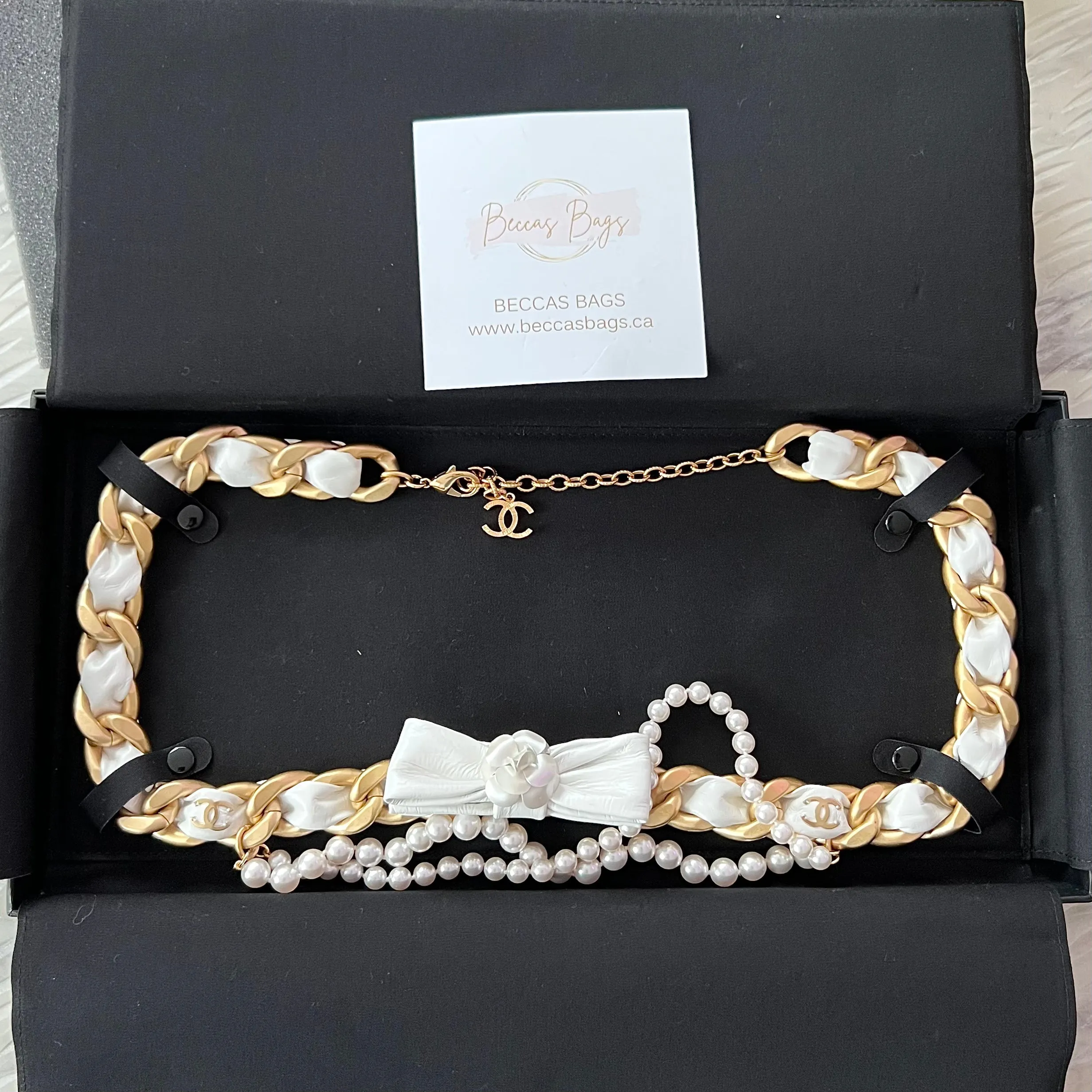 Chanel Camellia Leather Chain CC Pearl Belt