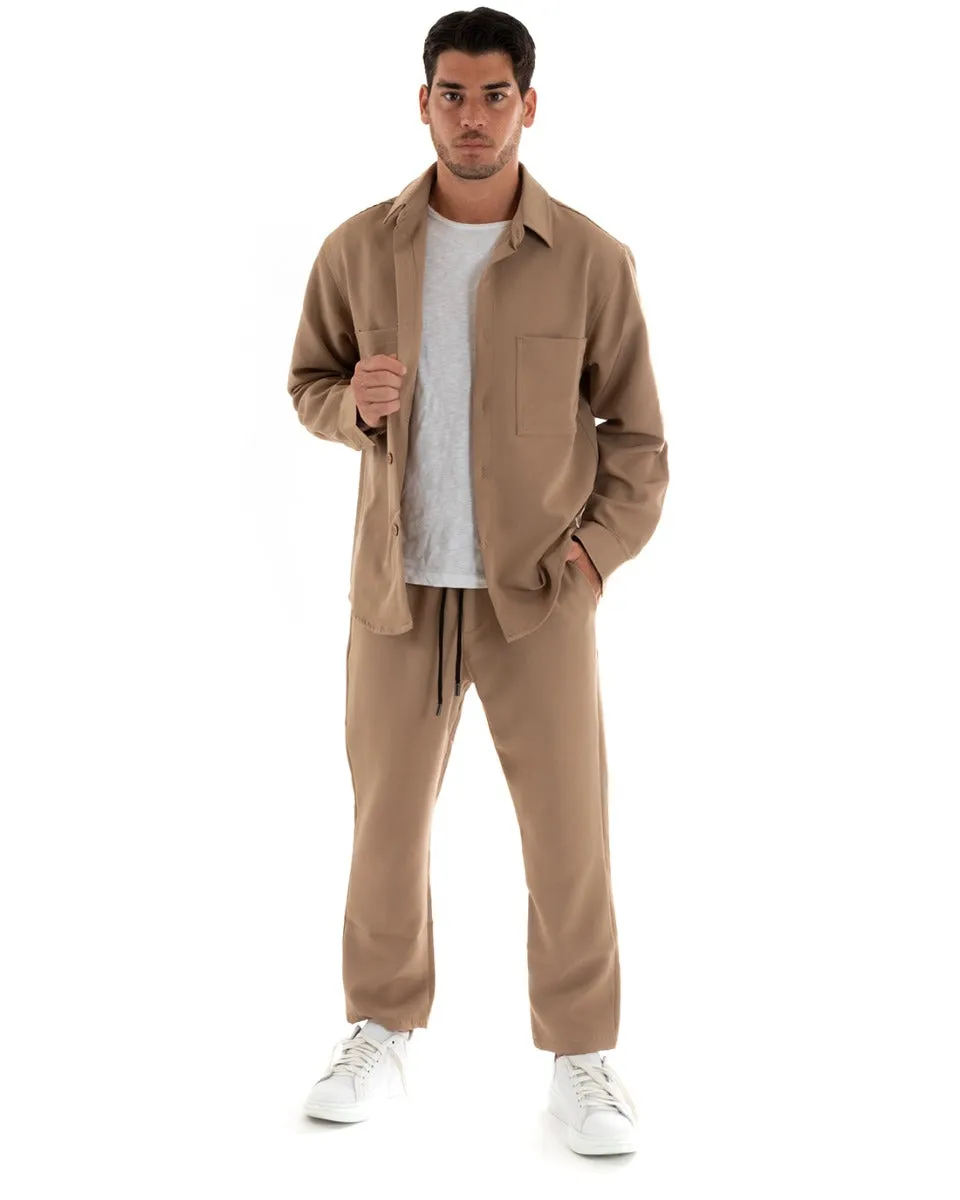 Completo Set Coordinato Uomo Viscosa Camicia Con Colletto Pantaloni Outfit Camel GIOSAL-OU2386A