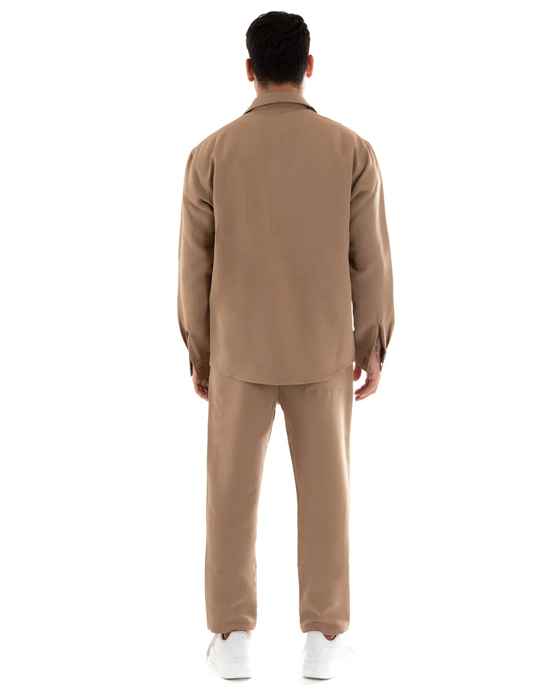 Completo Set Coordinato Uomo Viscosa Camicia Con Colletto Pantaloni Outfit Camel GIOSAL-OU2386A