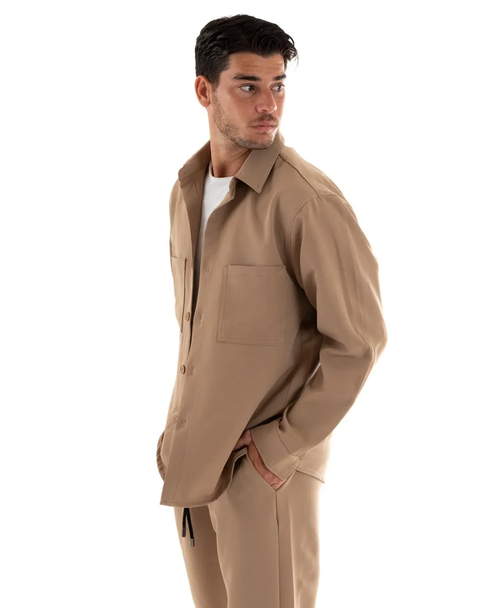 Completo Set Coordinato Uomo Viscosa Camicia Con Colletto Pantaloni Outfit Camel GIOSAL-OU2386A