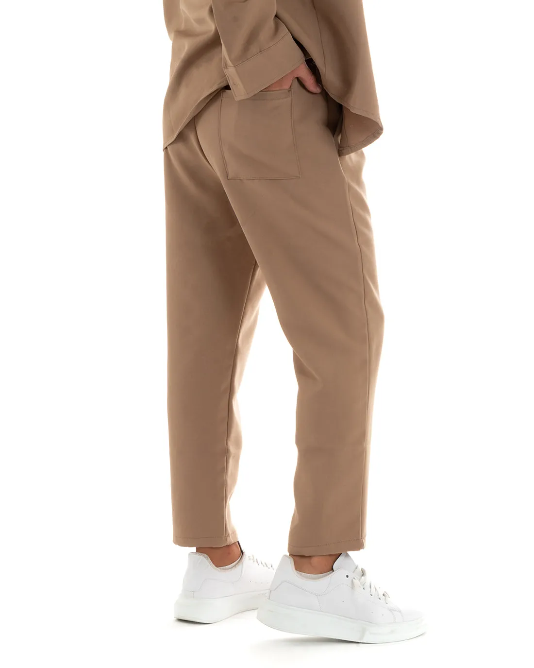 Completo Set Coordinato Uomo Viscosa Camicia Con Colletto Pantaloni Outfit Camel GIOSAL-OU2386A