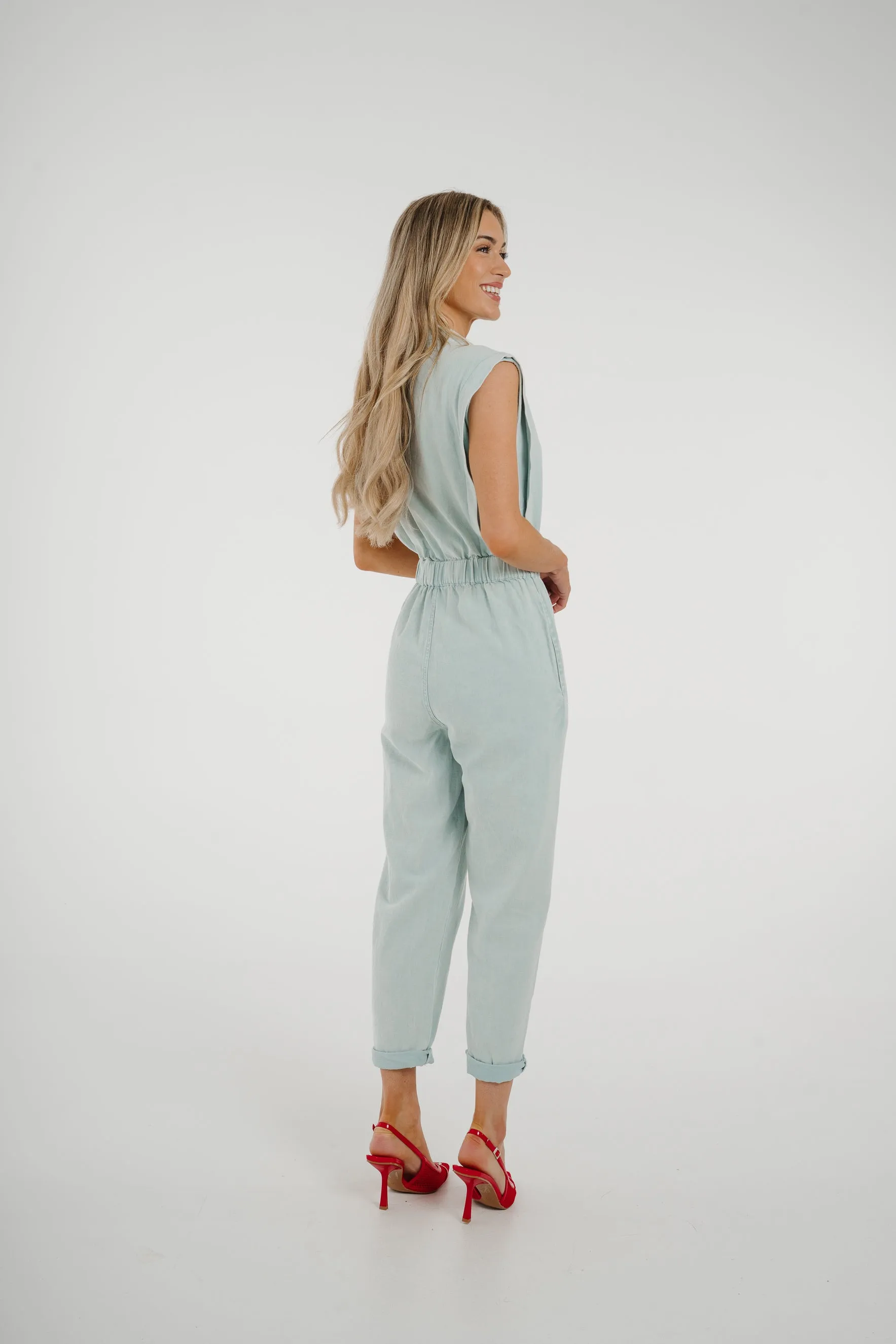 Cora Sleeveless Denim Jumpsuit In Sky Blue