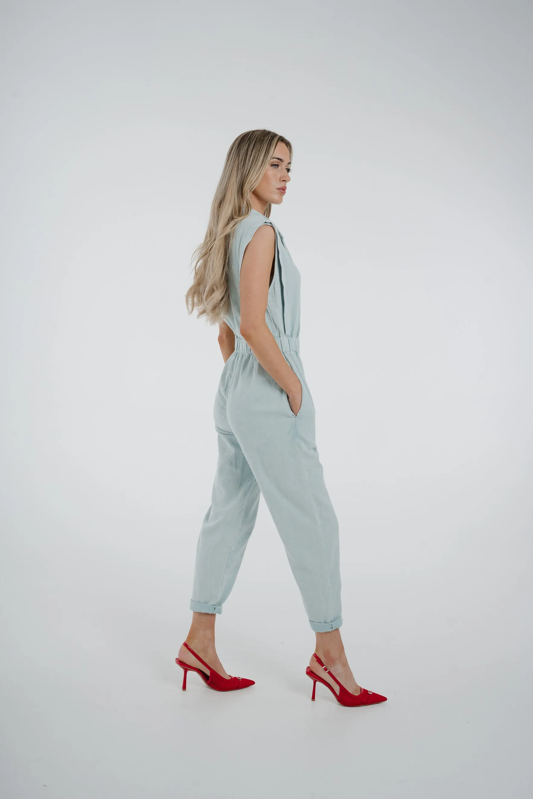 Cora Sleeveless Denim Jumpsuit In Sky Blue