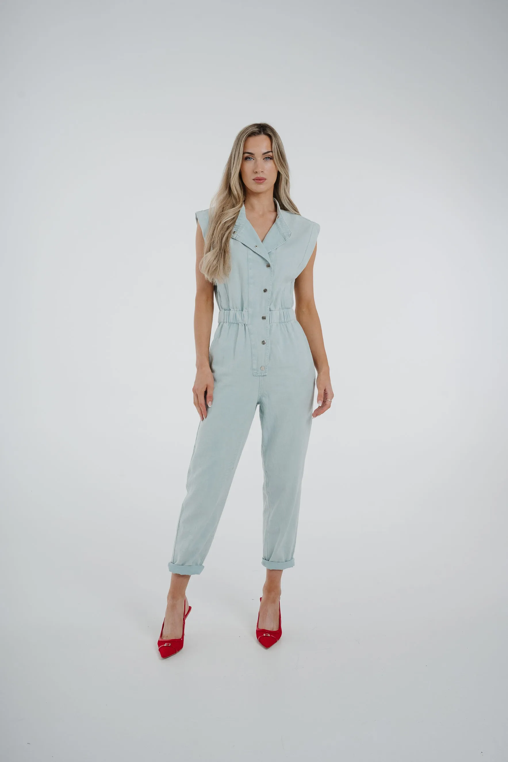 Cora Sleeveless Denim Jumpsuit In Sky Blue