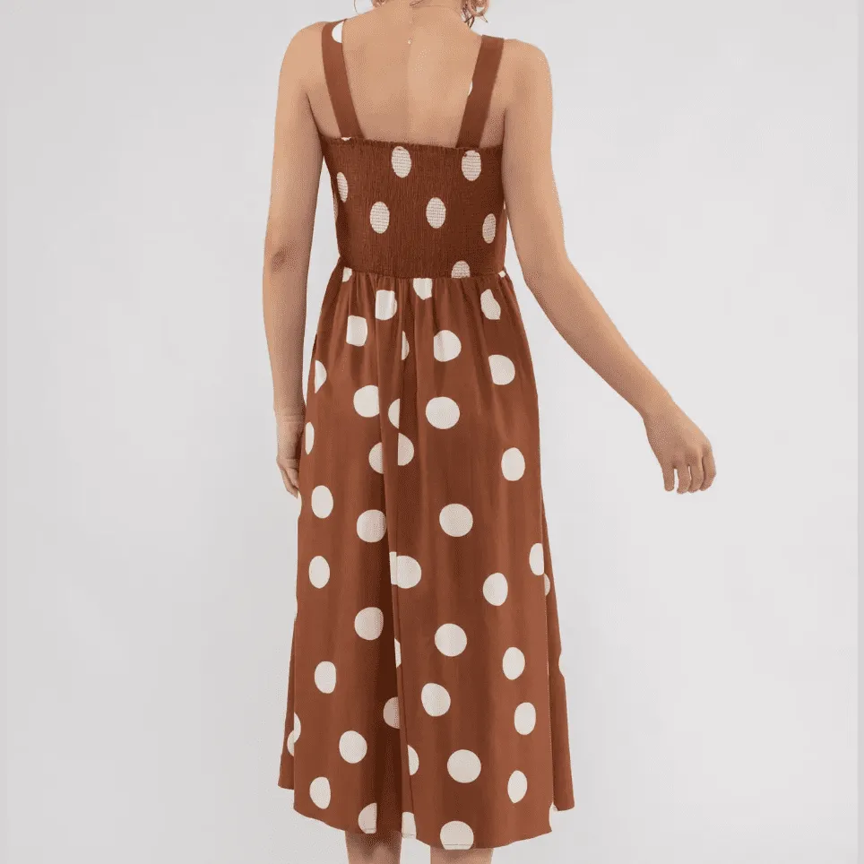 Dot Couture Smocked Brown Midi Dress