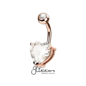 Double Gemmed Solitaire Heart CZ Prong Set Belly Button Ring - Rose Gold