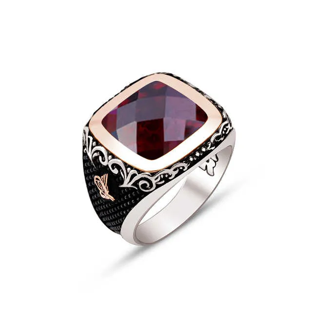 Facet Cut Red Zircon Stone Square Silver Men’s Ring Siding Bush Pattern and Ottoman Tughra