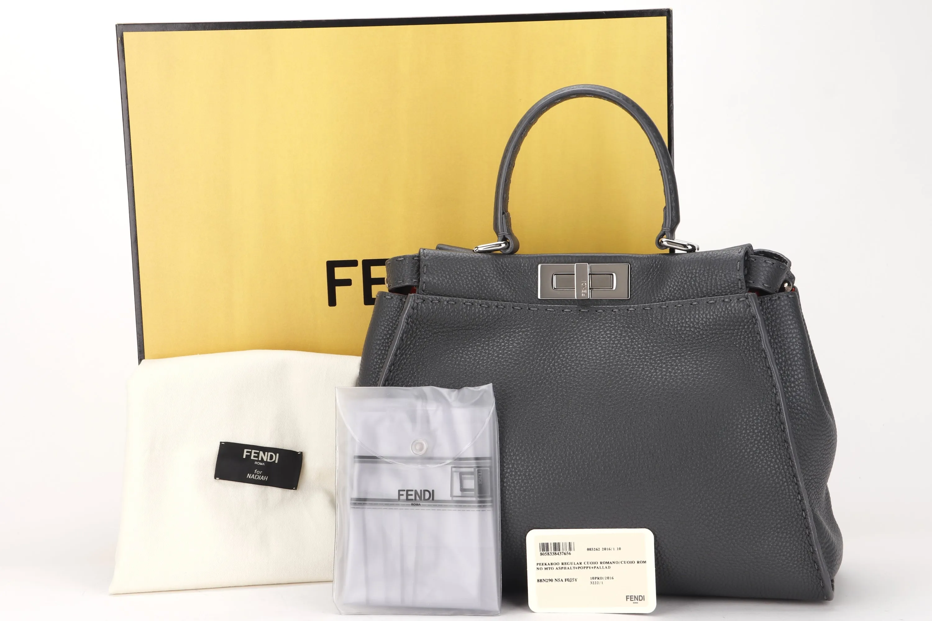 FENDI (8BN-290-N5A-159-3262) PEEKABOO LARGE GREY GRAINED CALF LEATHER SILVER HARDWARE, WITH CARD, RAINCOAT, DUST COVER & BOX, NO STRAP