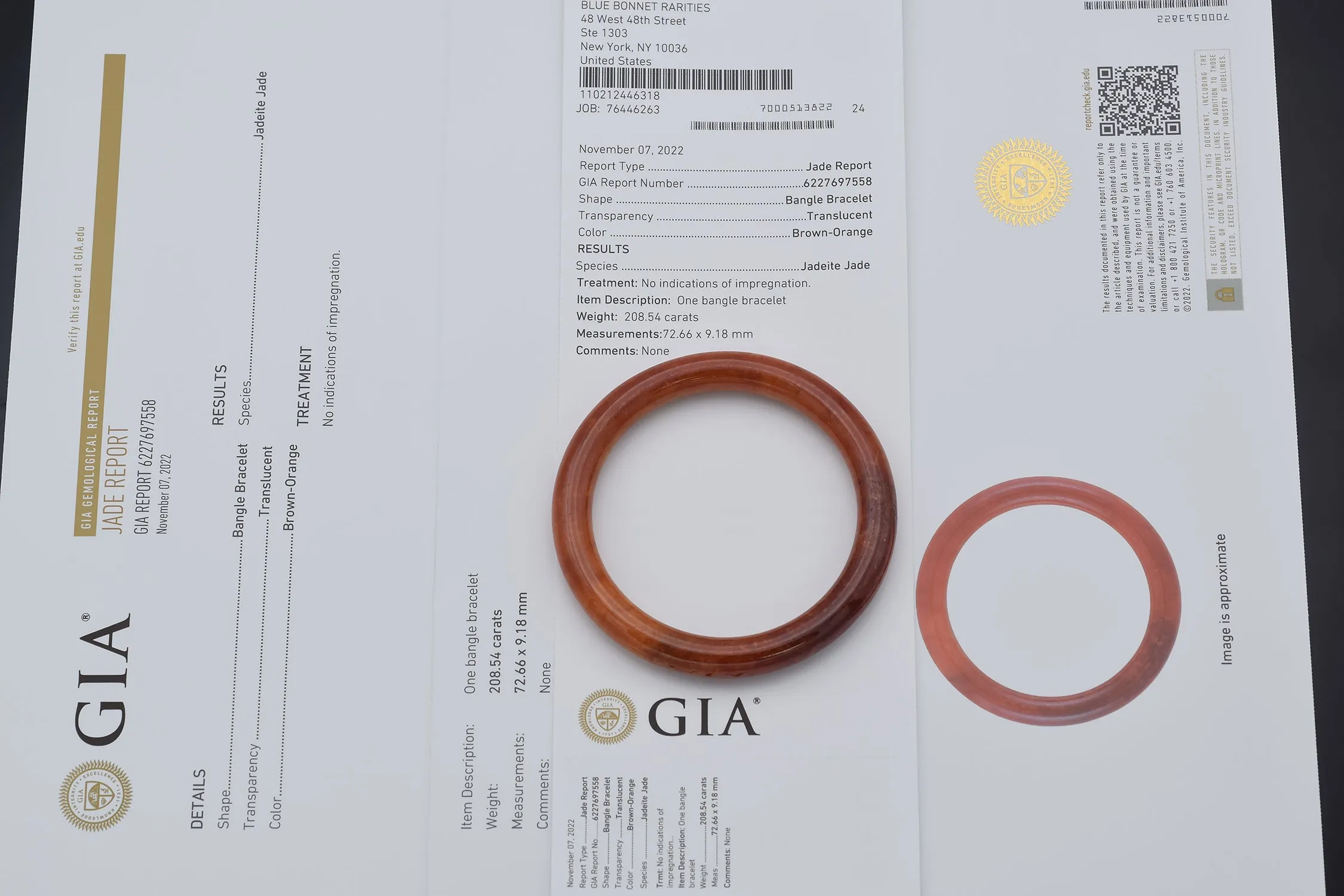 GIA Certified Translucent Brown-Orange Jadeite Jade Bangle Bracelet