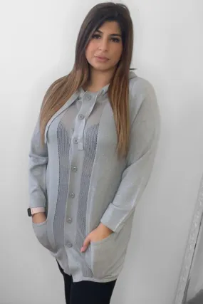 Grey Sheer Panels Hooded Cardigan