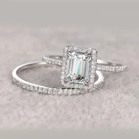 Halo Emerald Cut Sterling Silver Bridal Set with Side Stone Band