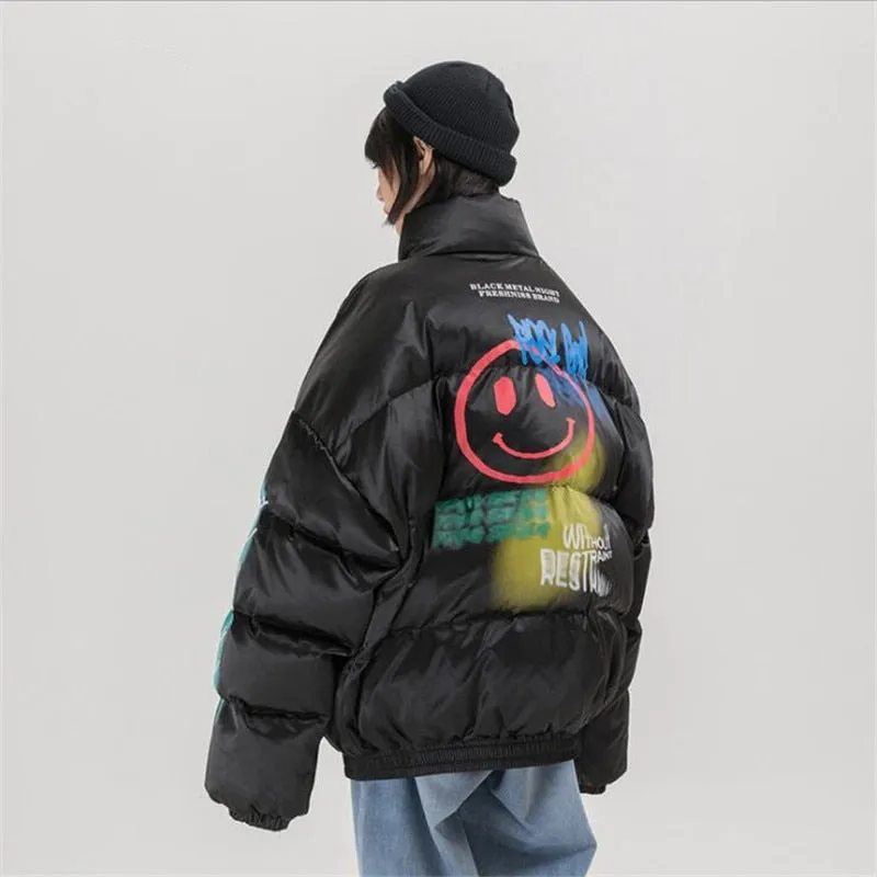 Happy Graffiti Print Puffer coat