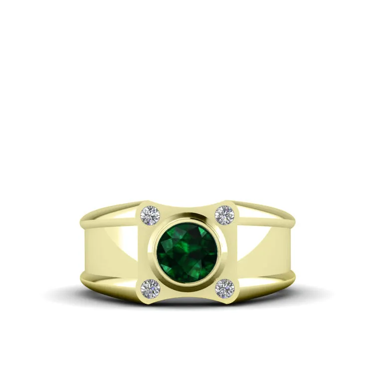 Heavy Solid Silver Men's Ring Emerald Gemstone and 0.12ct Diamonds Gold-Plated Jewelry