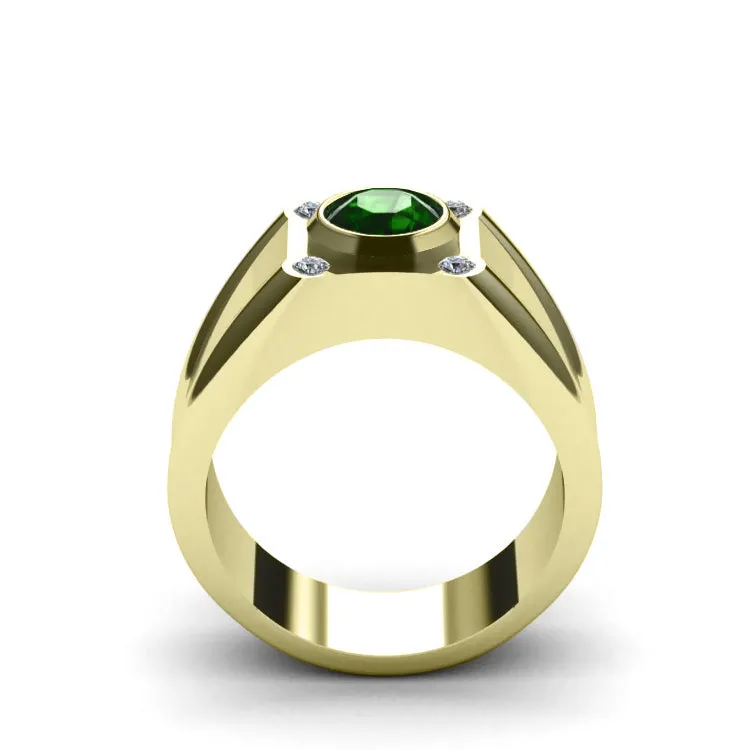 Heavy Solid Silver Men's Ring Emerald Gemstone and 0.12ct Diamonds Gold-Plated Jewelry