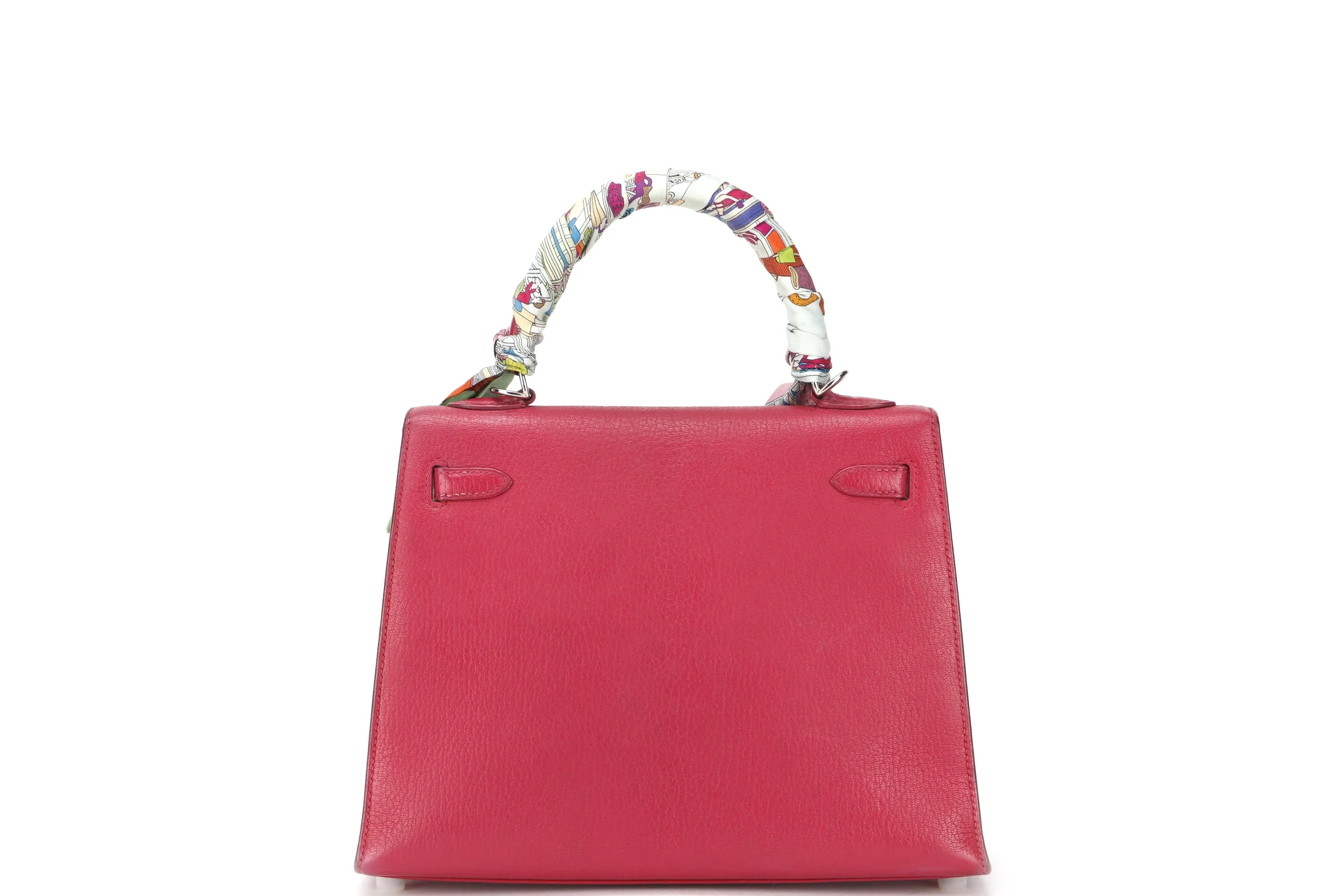 HERMES KELLY 25 (STAMP F (2002)) FUCHSIA CHEVRE LEATHER SILVER HARDWARE, WITH STRAP LOCK, KEYS, DUST COVER & BOX, NO TWILLY