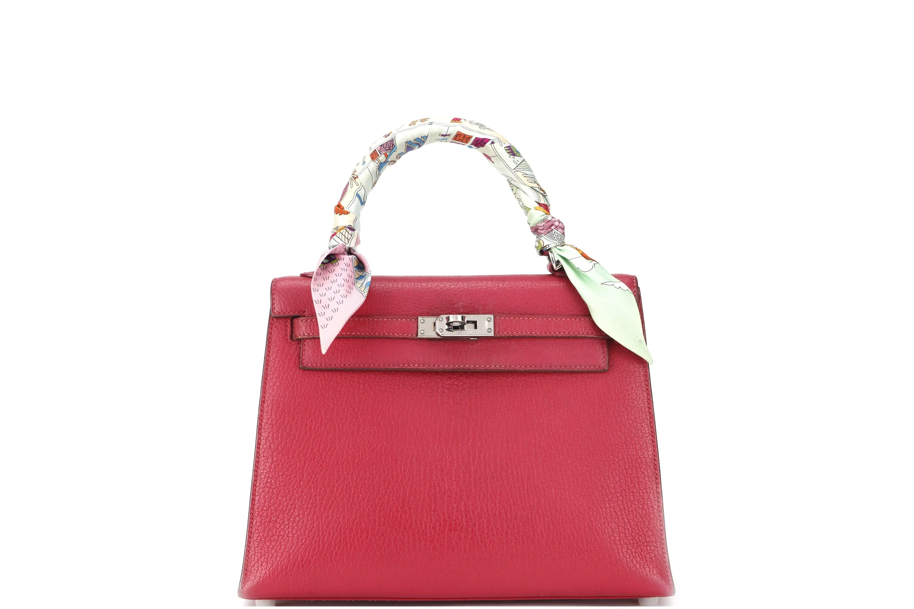 HERMES KELLY 25 (STAMP F (2002)) FUCHSIA CHEVRE LEATHER SILVER HARDWARE, WITH STRAP LOCK, KEYS, DUST COVER & BOX, NO TWILLY