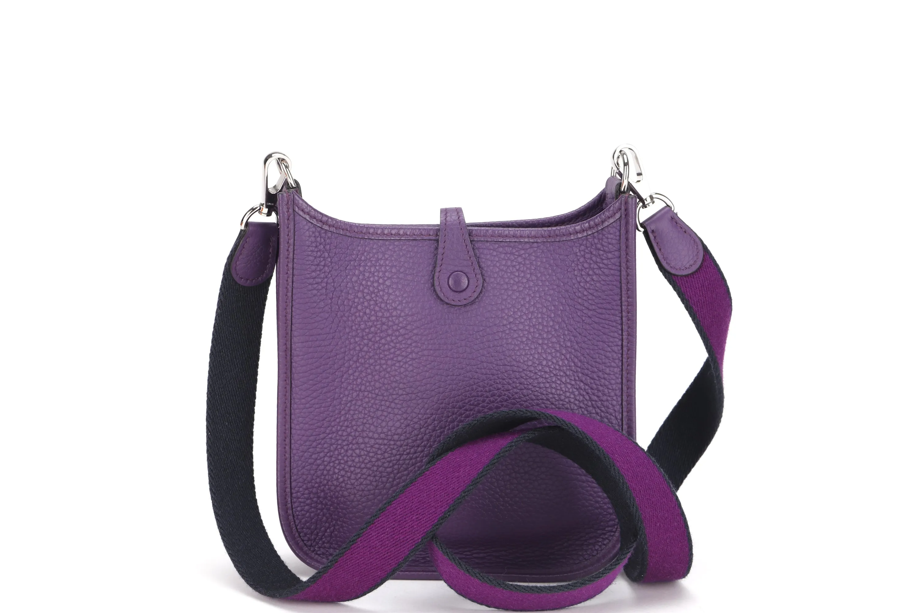 HERMES MINI EVELYNE TPM (STAMP P) PURPLE CLEMENCE LEATHER SILVER HARDWARE, WITH STRAP, DUST COVER &amp; BOX