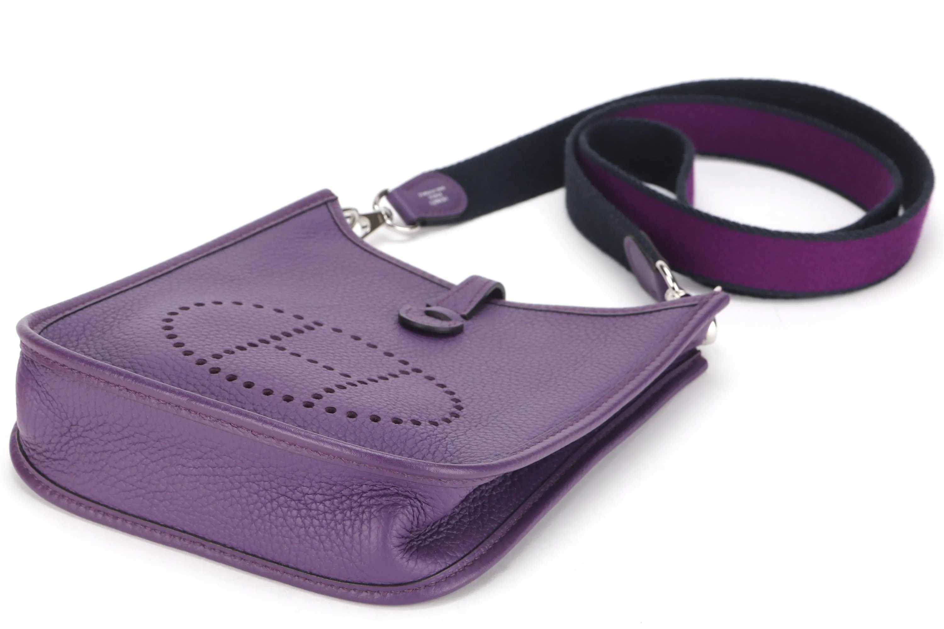 HERMES MINI EVELYNE TPM (STAMP P) PURPLE CLEMENCE LEATHER SILVER HARDWARE, WITH STRAP, DUST COVER &amp; BOX