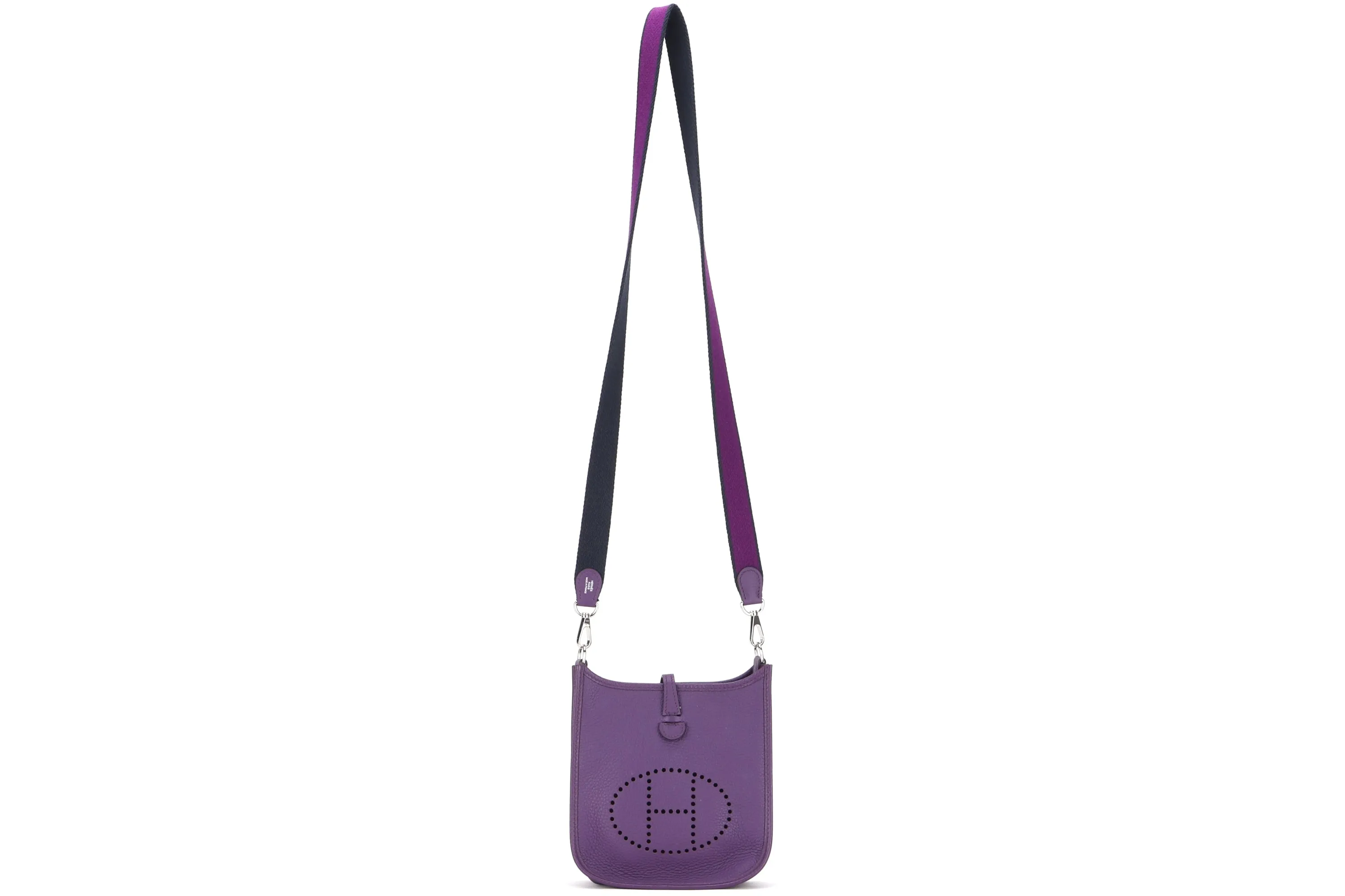 HERMES MINI EVELYNE TPM (STAMP P) PURPLE CLEMENCE LEATHER SILVER HARDWARE, WITH STRAP, DUST COVER &amp; BOX