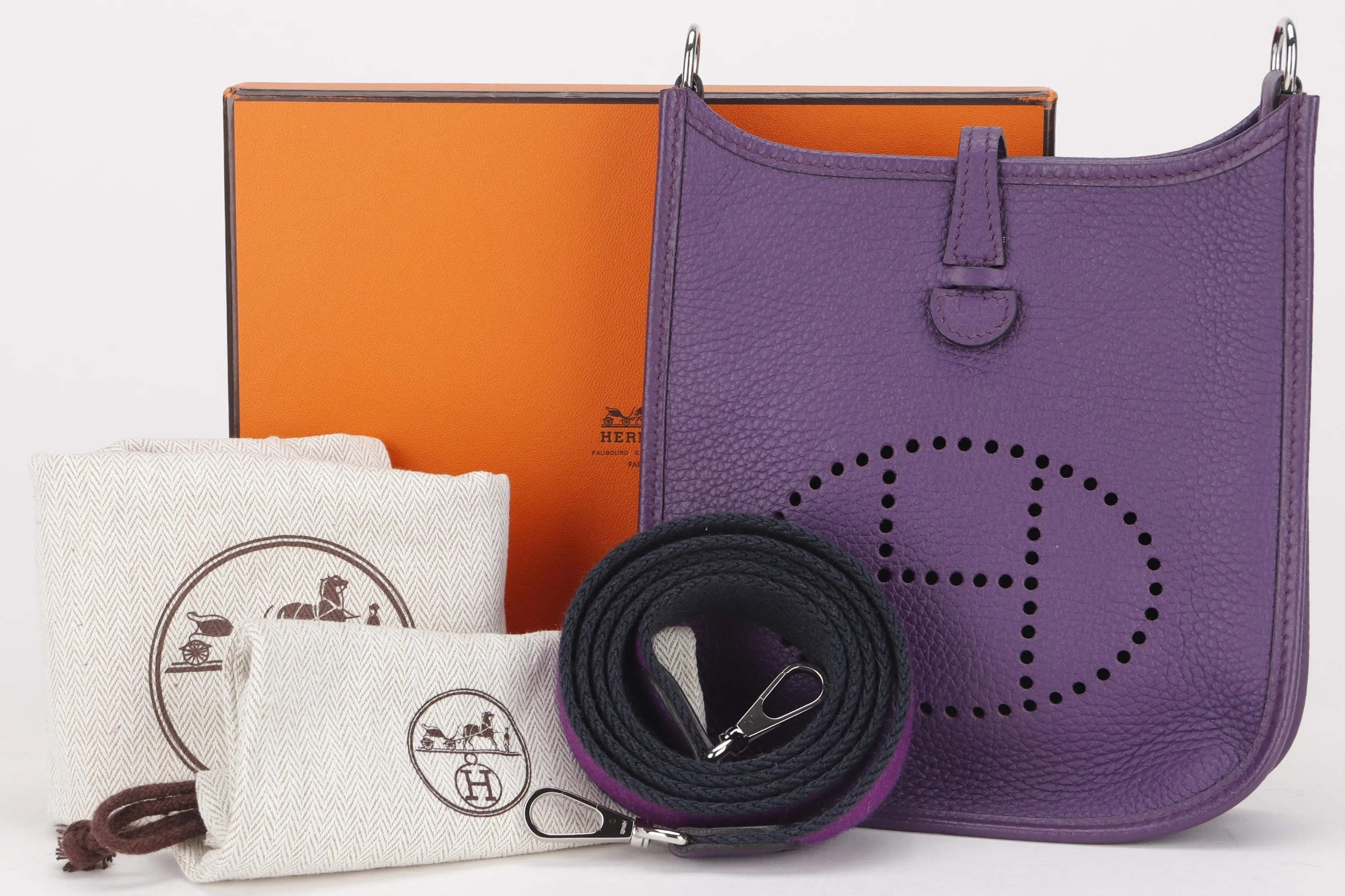 HERMES MINI EVELYNE TPM (STAMP P) PURPLE CLEMENCE LEATHER SILVER HARDWARE, WITH STRAP, DUST COVER &amp; BOX