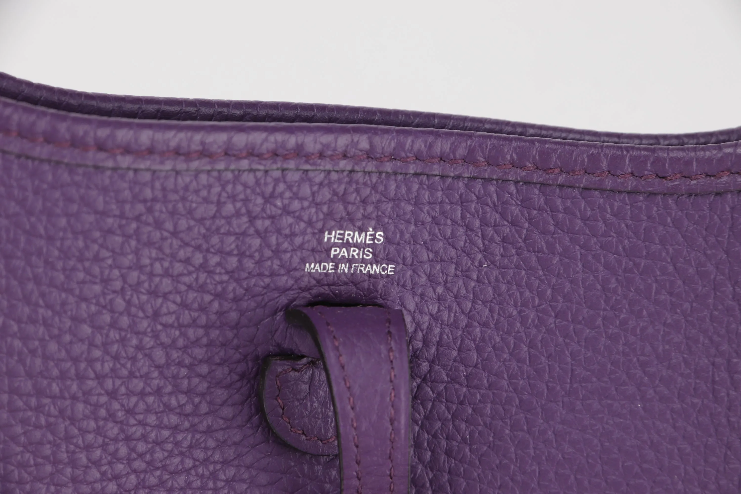 HERMES MINI EVELYNE TPM (STAMP P) PURPLE CLEMENCE LEATHER SILVER HARDWARE, WITH STRAP, DUST COVER &amp; BOX