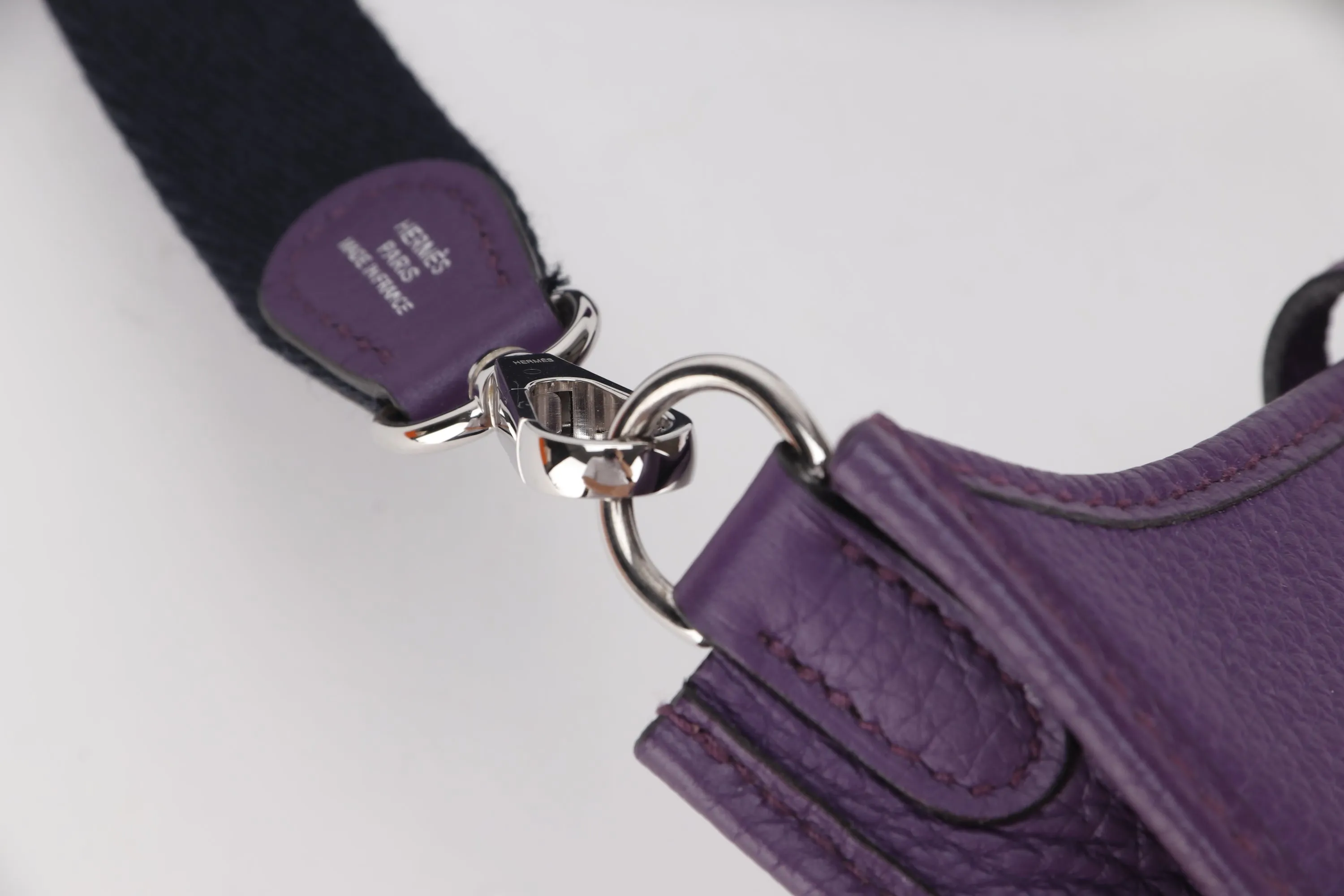 HERMES MINI EVELYNE TPM (STAMP P) PURPLE CLEMENCE LEATHER SILVER HARDWARE, WITH STRAP, DUST COVER &amp; BOX