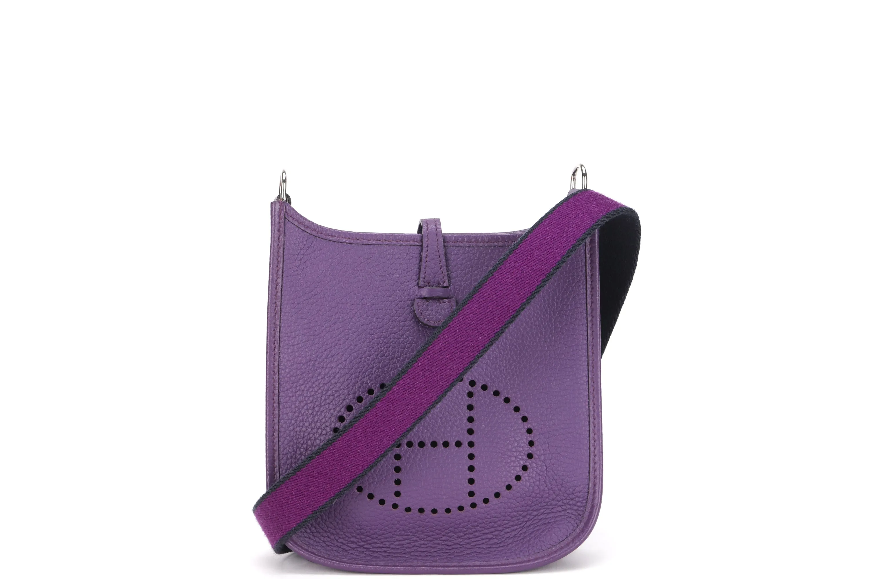 HERMES MINI EVELYNE TPM (STAMP P) PURPLE CLEMENCE LEATHER SILVER HARDWARE, WITH STRAP, DUST COVER &amp; BOX