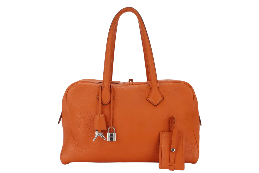 HERMES VICTORIA II 35 ORANGE CLEMENCE LEATHER PALLADIUM HARDWARE STAMP N SQUARE WITH LOCK&KEYS