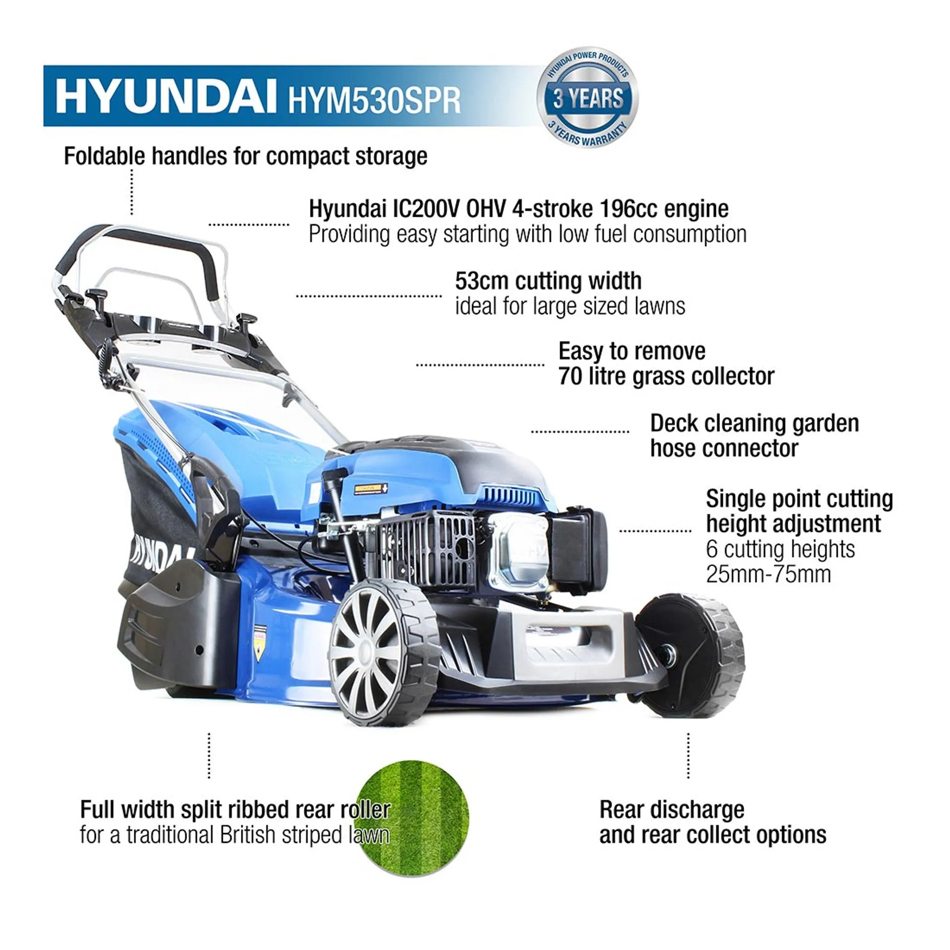 Hyundai HYM530SPR 196cc Petrol Roller Lawn mower 21"/53cm