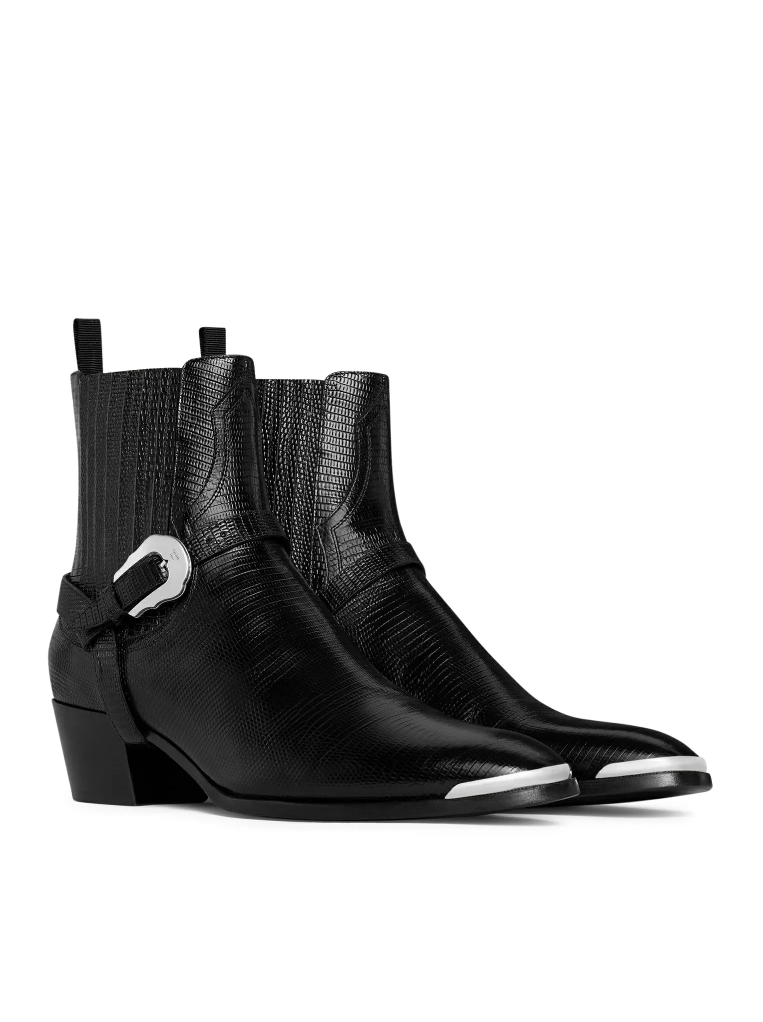 ISAAC WESTERN CHELSEA BOOT WITH HARNESS AND METAL TOE IN CALFSKIN WITH TEJUS PRINT BLACK