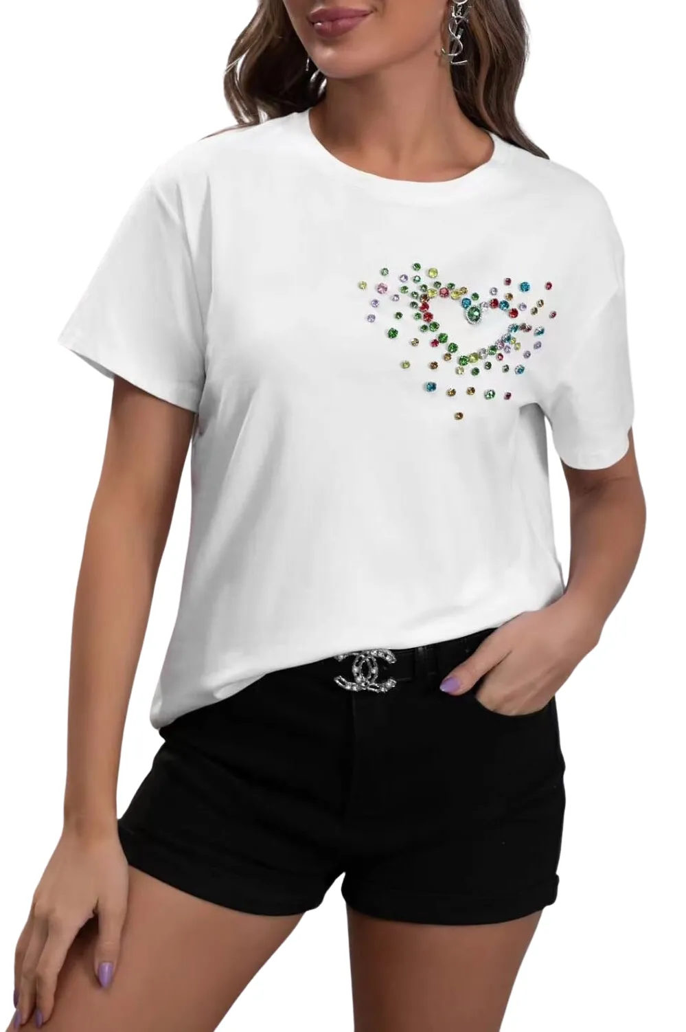 Maglia Donna T Shirt Mezza Manica Pietre Multicolore Gioiello Morbida