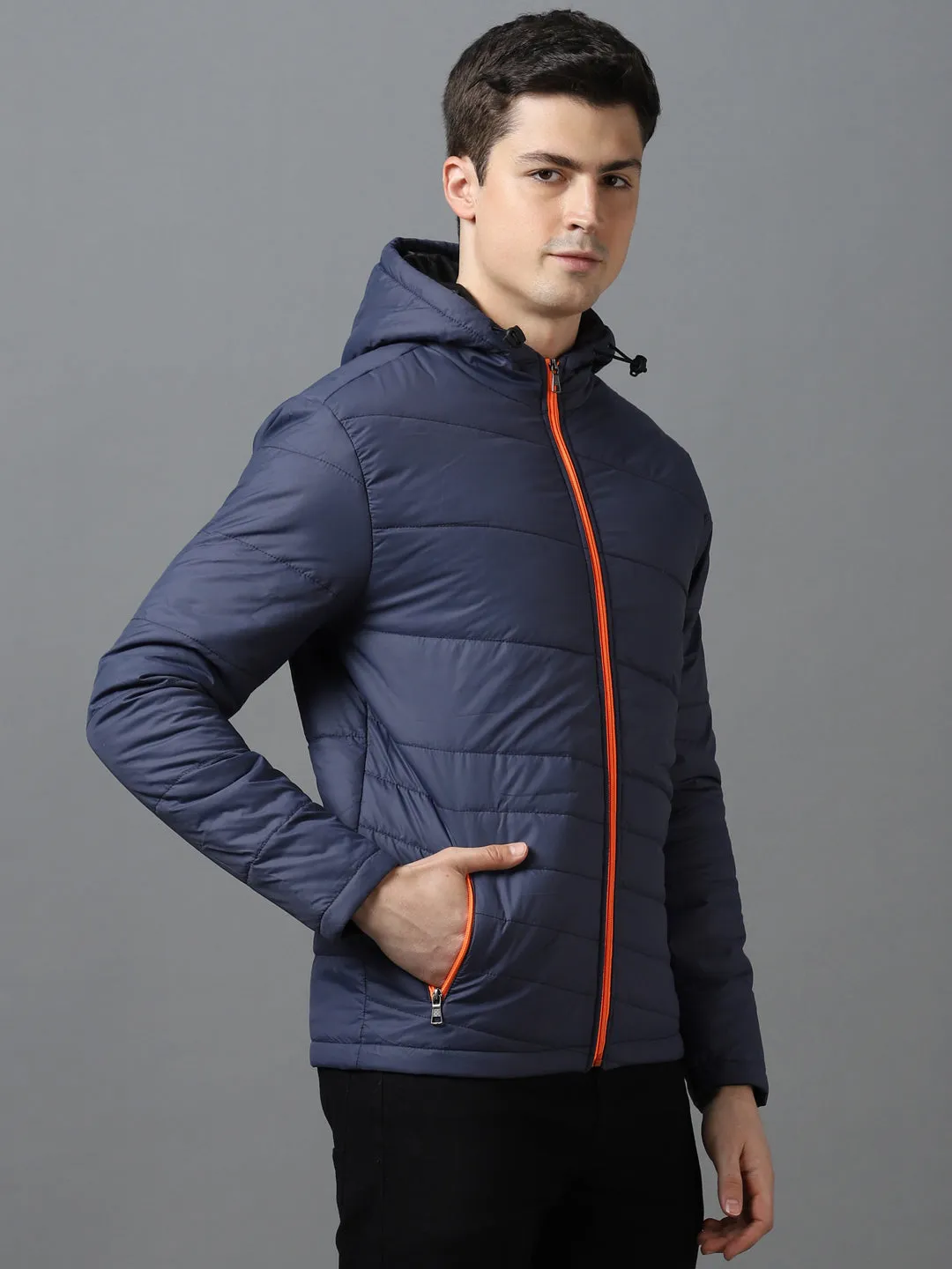 Men's Blue Full Sleeve Zippered Hooded Neck Puffer Jacket