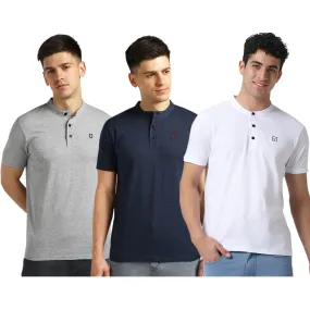 Men's Multicolor Solid Mandarin Collar Slim Fit Cotton T-Shirt Pack of 3